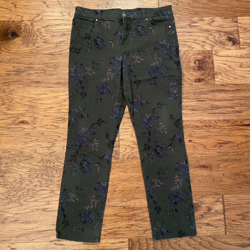 Bandolino Amy Pants Women 12 Olive Green Floral Straight Leg Stretch Trousers